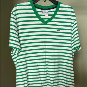 Lacoste Green and White Striped Short Sleeve V‑Neck Tee